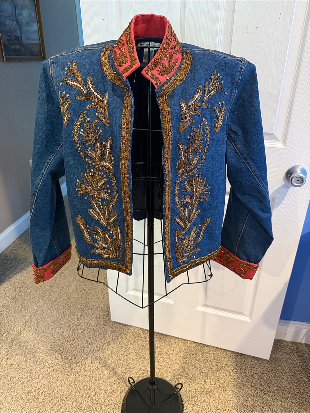 Vintage Lew Magram Embellished Gold White Sequins Blue Denim Jacket Artsy XL
